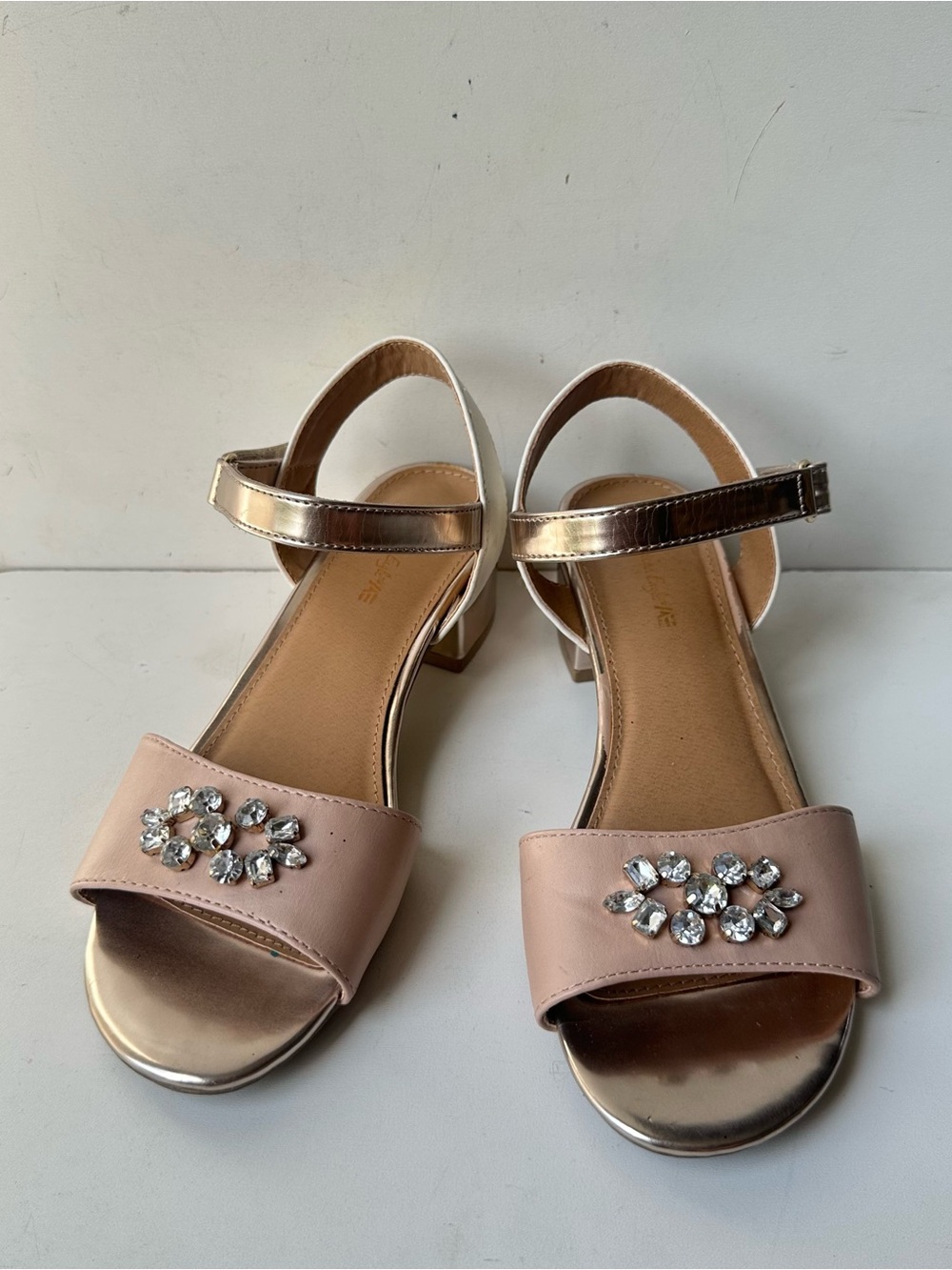 Girls Pink Rose Gold Rhinestone Dress Sandals Block Heel Ankle Strap Size 2.5